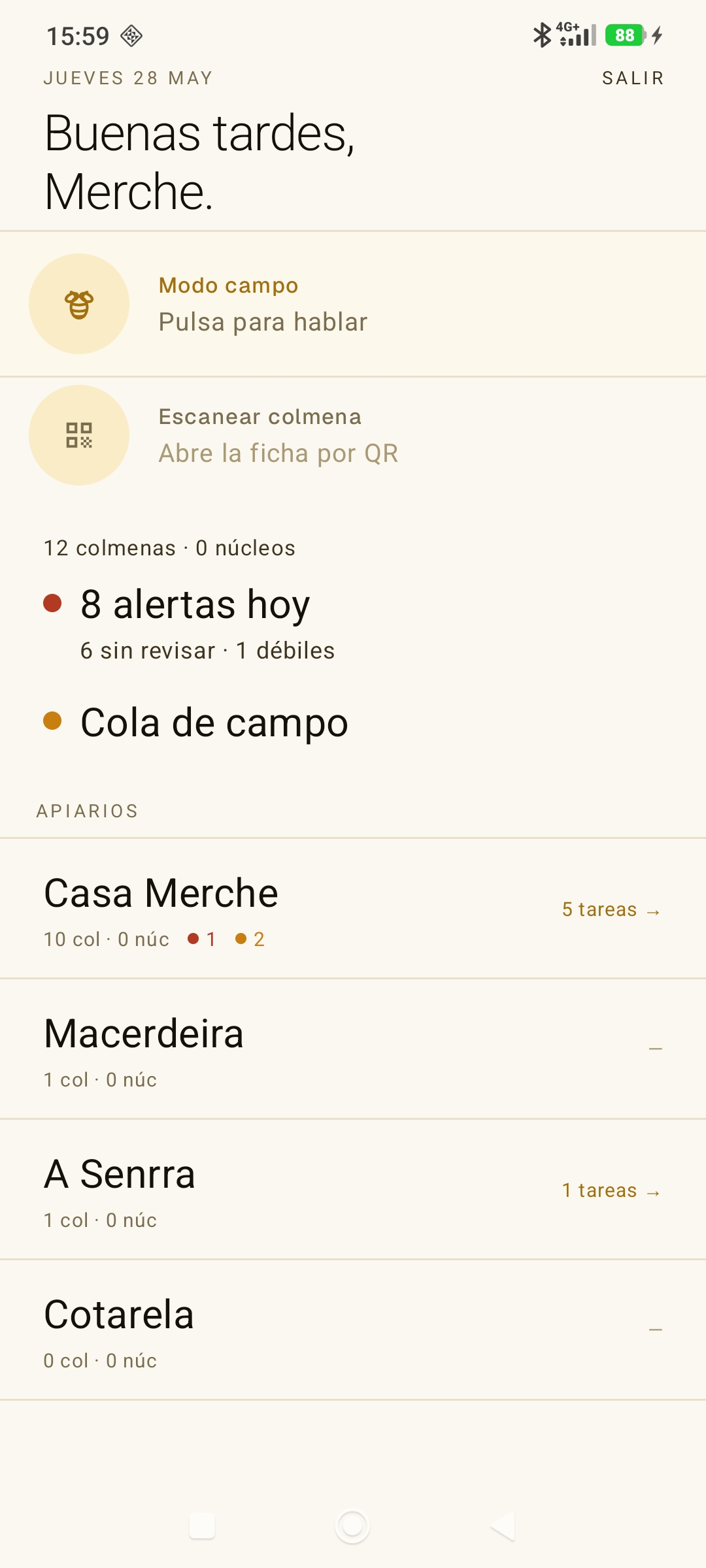 App Android — pantalla de inicio con modo campo